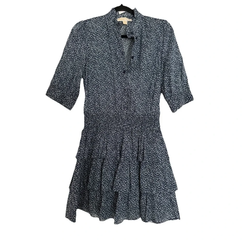 Michael Kors Floral Cotton Lawn Tiered Mini Dress Smocked Waist Navy Blue Medium
